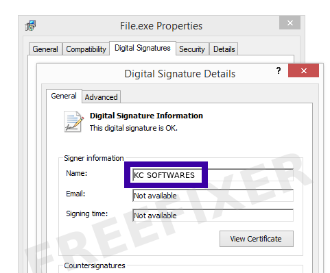 Screenshot of the KC SOFTWARES certificate